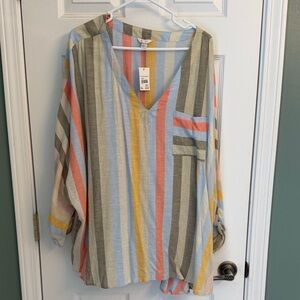 Women's Striped V-Neck Tunic in Blue, Coral & Yellow